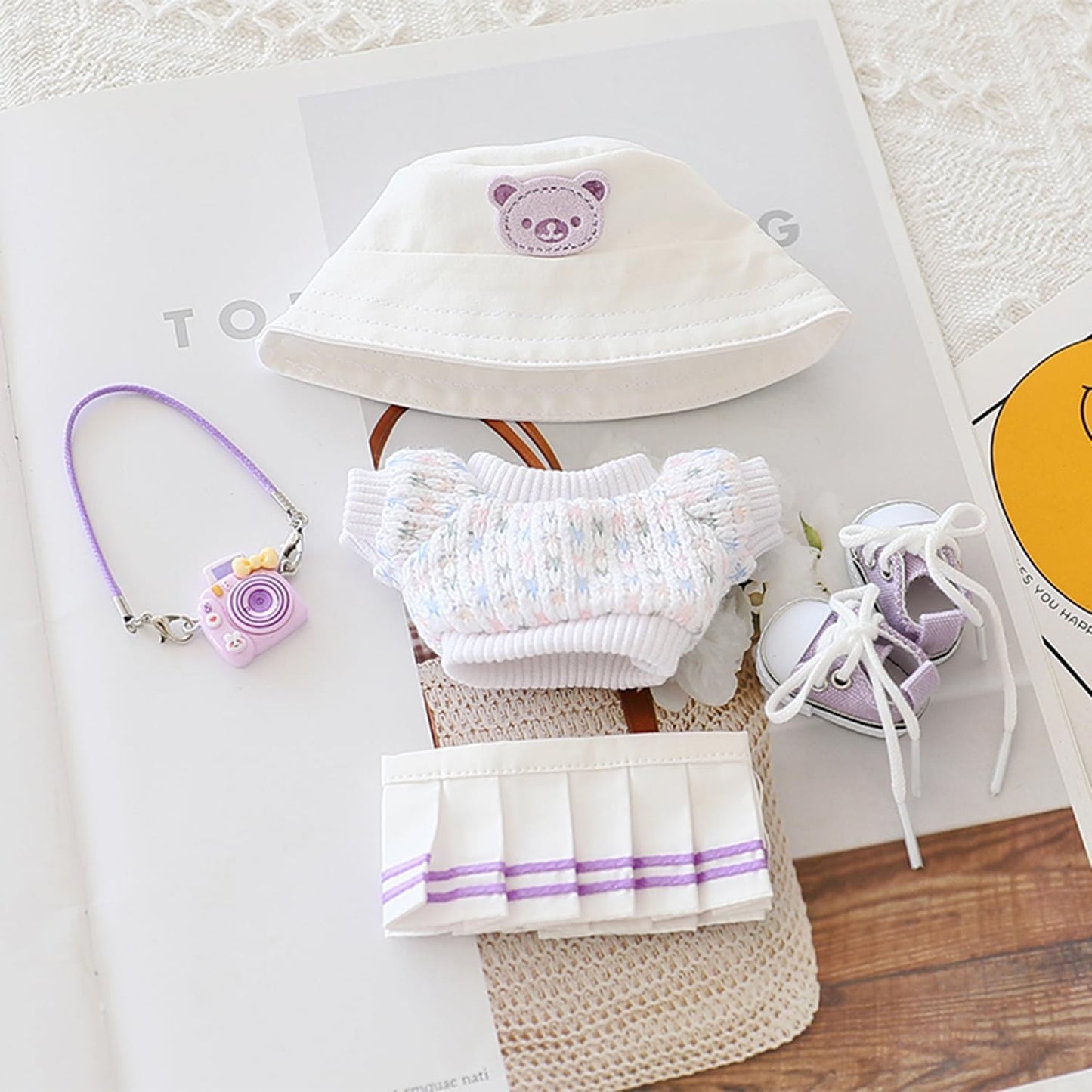 Clothes for 17cm LABUBU Sweater Clothes Accessories(No Doll Only Clothes), Stylish Outfit Suitable for 6.7inch (17cm) Doll Soft Clothing Replacement(WhiteA+hat+Dress)