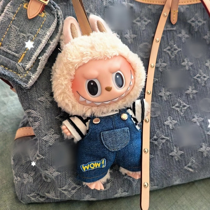 17cm Labubu Handmade Striped T-Shirt & Pocketed Denim Overalls | Clothes Only