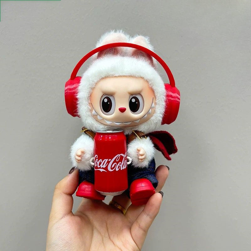 POP MART Labubu Cola-Themed Doll Clothes Set - Red Headphones + Denim Overalls + Boots for 17cm Figures (No Doll Included)