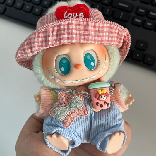 17cm Labubu Sitting Party Macaron Outfit Set with Bucket Hat & Overalls | Replacement Clothes for Plush/Vinyl Keychain Charms