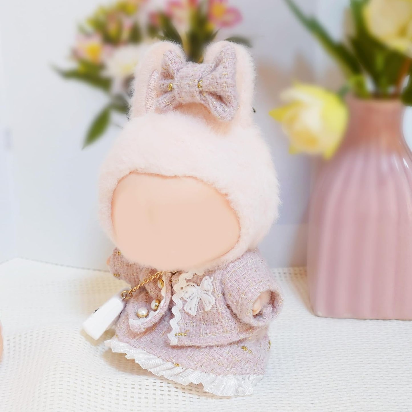 4-Piece Clothes for LABUBU Doll Sitting Standing Collection, Pink CHANEL Style Cute Clothes Sets for POP MART Doll, Including Pink Coat, Skirt, Handbag, Bow (No Doll)