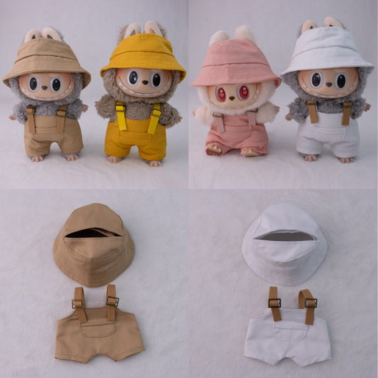 17cm Labubu Outfit Set - Khaki Overalls & Fisherman Hat for Fashion Vinyl Doll