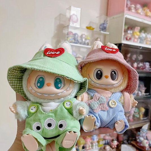 17cm Labubu Gen 2 Sitting Party Series Little Star Set | Heart Hat + T-Shirt + Overalls | Vinyl/Plush-Compatible Clothes Only for Blind Box Charms & Collectible Dolls