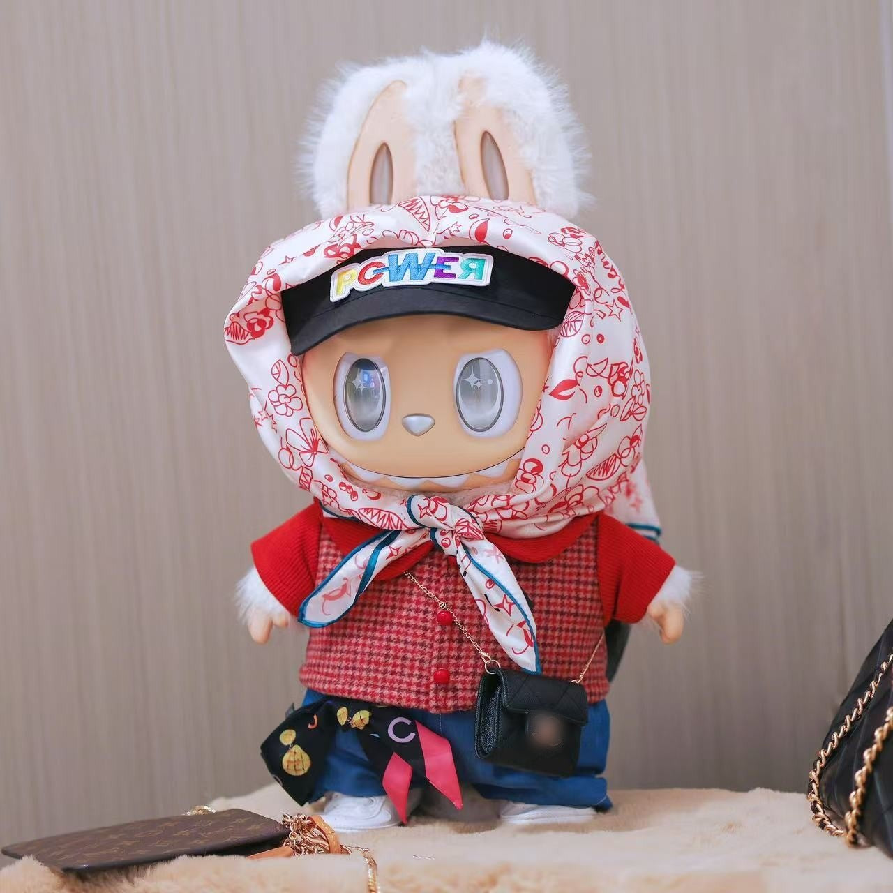 Handmade LABUBU Clothes for G-Dragon Costume for 17cm Plush Doll (No Doll)- Idol Star GD Power Style (RED/BLUE) (Set&Shoes)