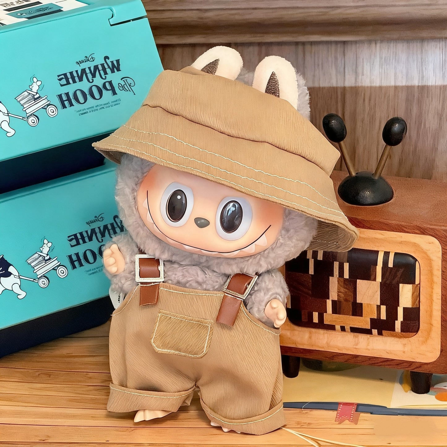 17cm Labubu Gen 1-3 Handmade Brown Set | Hat + Overalls | Clothes Only