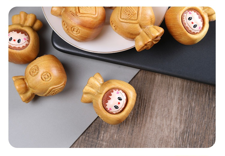 LABUBU Carved Wooden Pendant - 3D Lucky Charm for DIY Jewelry & Keychains