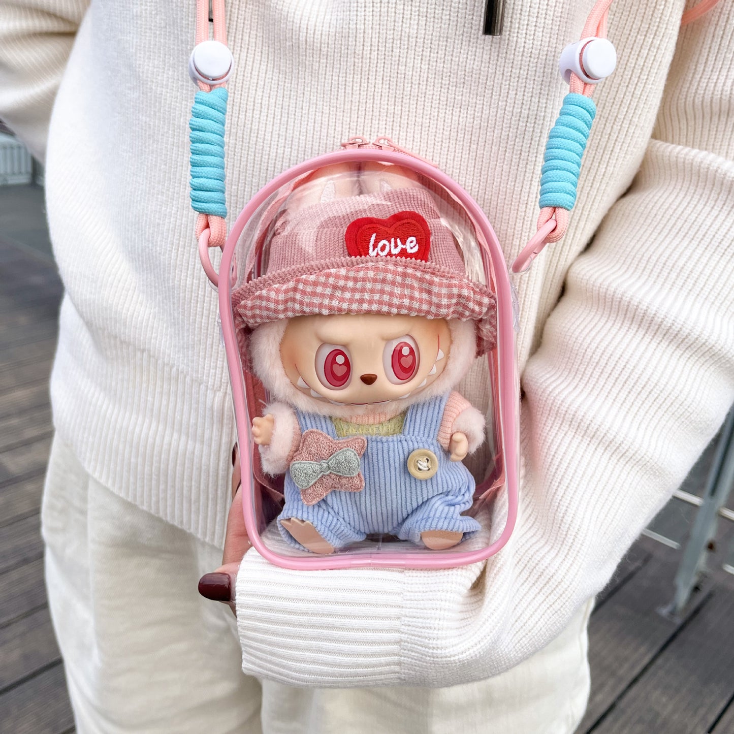POP MART Labubu Sit-Sit Party Protective Case - Waterproof Clear Dustproof Cover + Carry Bag for 17cm Vinyl Figures