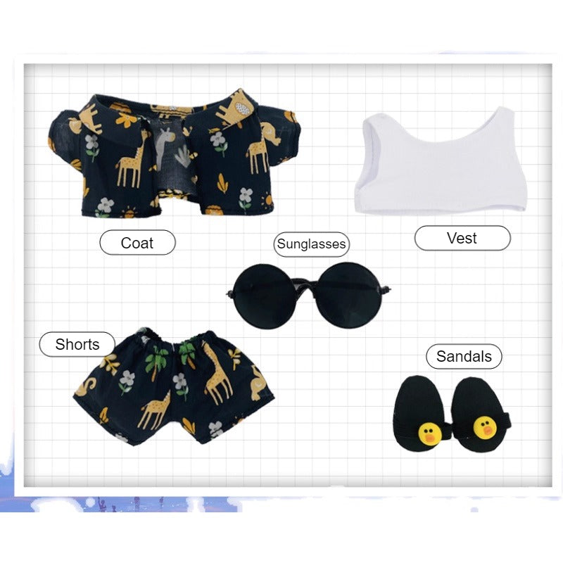 17cm Labubu & 15cm Cotton Doll 5-Piece Beach Outfit Set | Tank Top, Shorts, Jacket, Slippers & Sunglasses