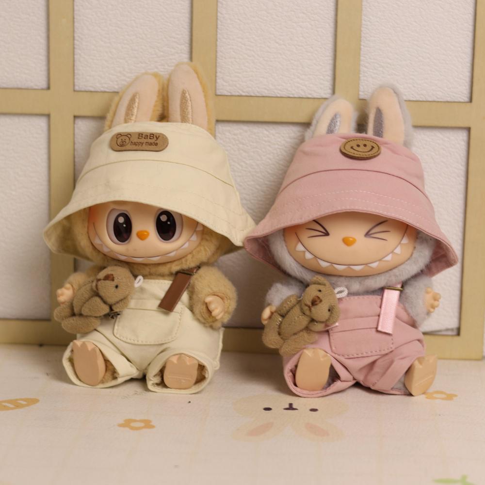 15-17cm Labubu Sitting Party Outfit - Series 1/2/3 Doll Clothes for Vinyl Figures - Khaki Overalls & Fisherman Hat