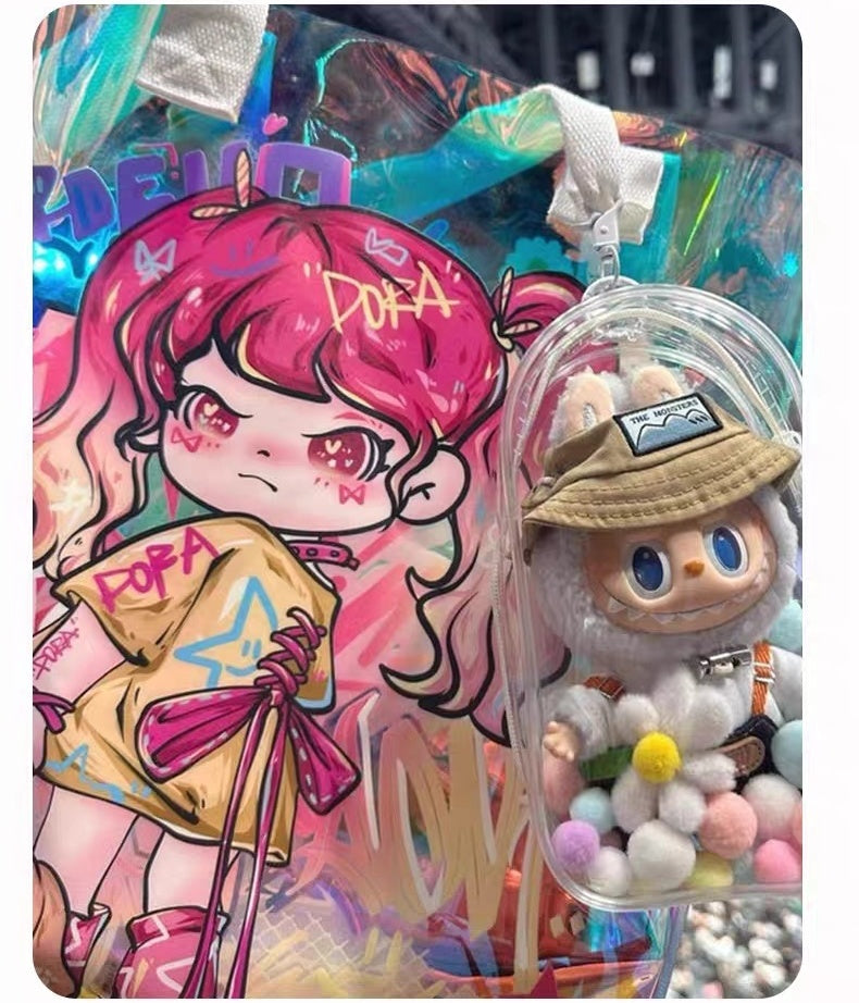POP MART Labubu Sit-Sit Party Protective Case - Waterproof Clear Dustproof Cover + Carry Bag for 17cm Vinyl Figures