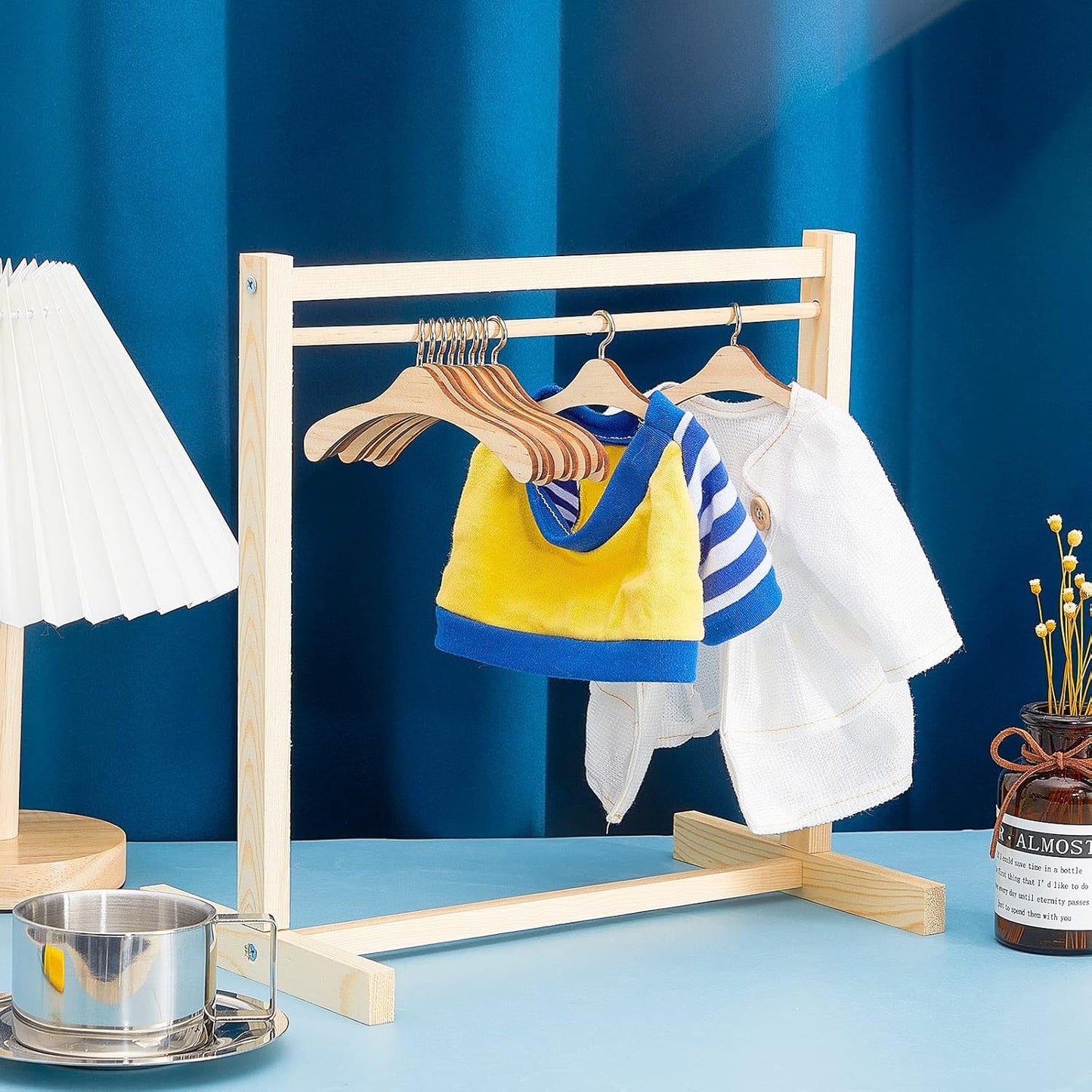 7-piece Set Doll Garment Rack with Wooden Clothes Hanger for LABUBU Clothes Mini Hangers Wardrobe Furniture Accessories for 17Cm LABUBU Plush Doll (Wood)