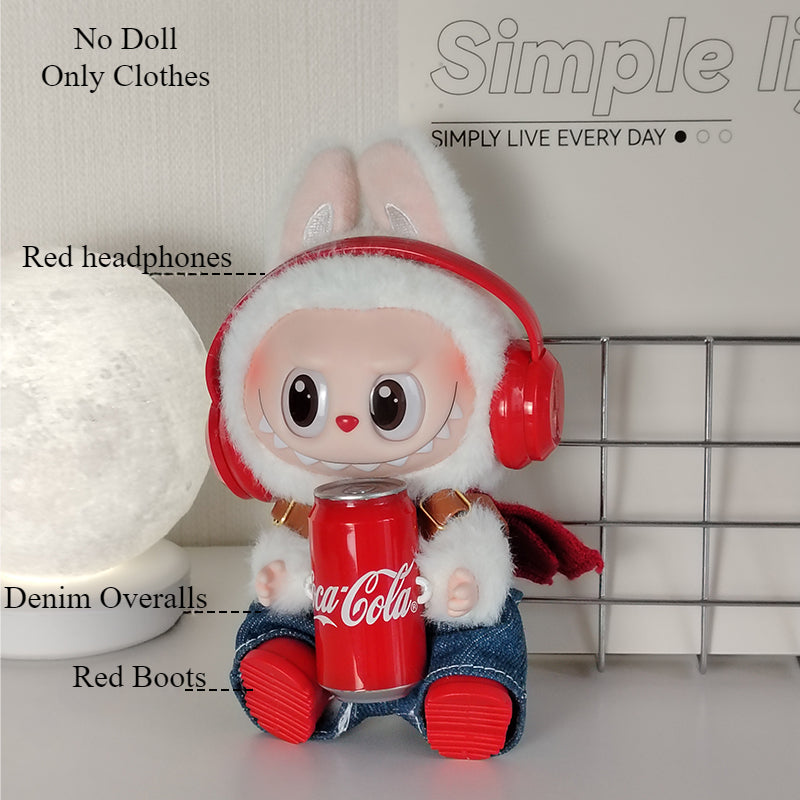 POP MART Labubu Summer Cola Outfit - Red Headphones + Sporty Denim Overalls + Red Boots for Gen 1/2 Figures 17cm (No Doll Included) | Keychain-Compatible