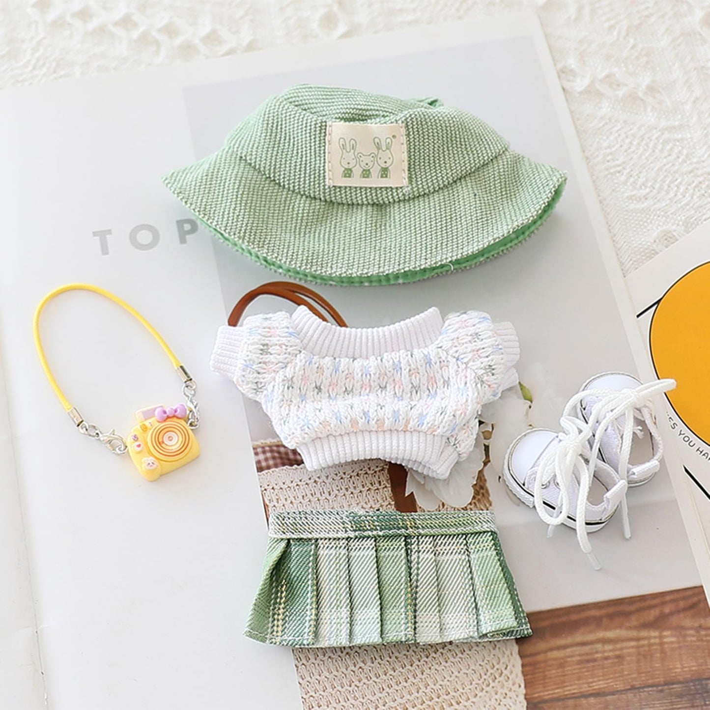 Clothes for 17cm LABUBU Sweater Clothes Accessories(No Doll Only Clothes), Stylish Outfit Suitable for 6.7inch (17cm) Doll Soft Clothing Replacement(WhiteA+hat+Dress)