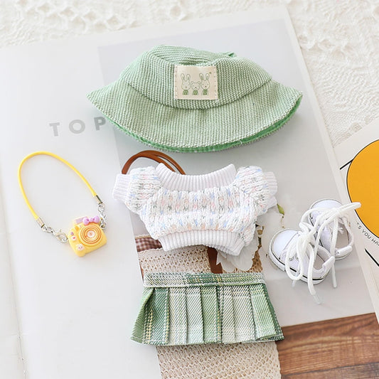 Clothes for 17cm LABUBU Sweater Clothes Accessories(No Doll Only Clothes), Stylish Outfit Suitable for 6.7inch (17cm) Doll Soft Clothing Replacement(WhiteA+hat+Dress)