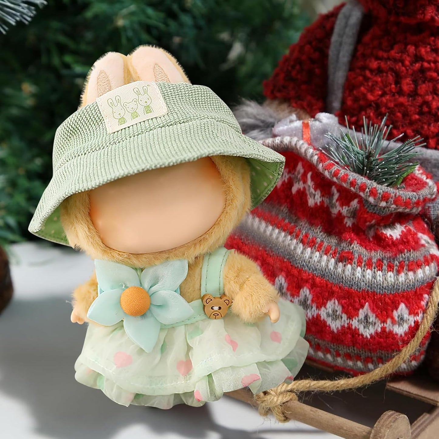 LABUBU CLOTHES, Clothes for Dolls Outfits, Accessories for 17cm Dolls Clothes, Cute Bear Dress + Casual Hat, Stylish Adorable Dolls Clothes Accessories (No Doll) (Green)