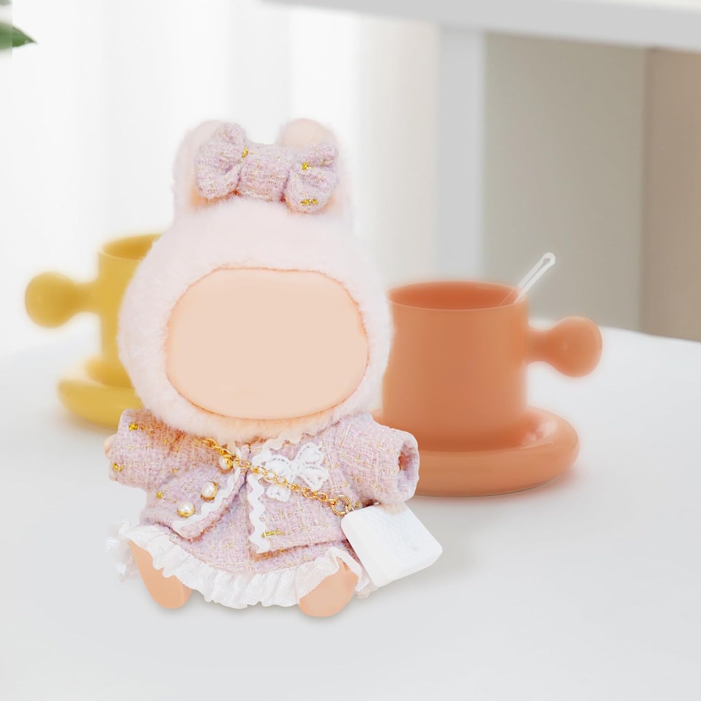 4-Piece Clothes for LABUBU Doll Sitting Standing Collection, Pink CHANEL Style Cute Clothes Sets for POP MART Doll, Including Pink Coat, Skirt, Handbag, Bow (No Doll)