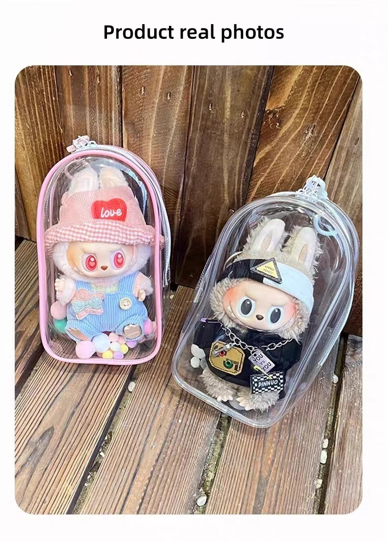 POP MART Labubu Sit-Sit Party Protective Case - Waterproof Clear Dustproof Cover + Carry Bag for 17cm Vinyl Figures