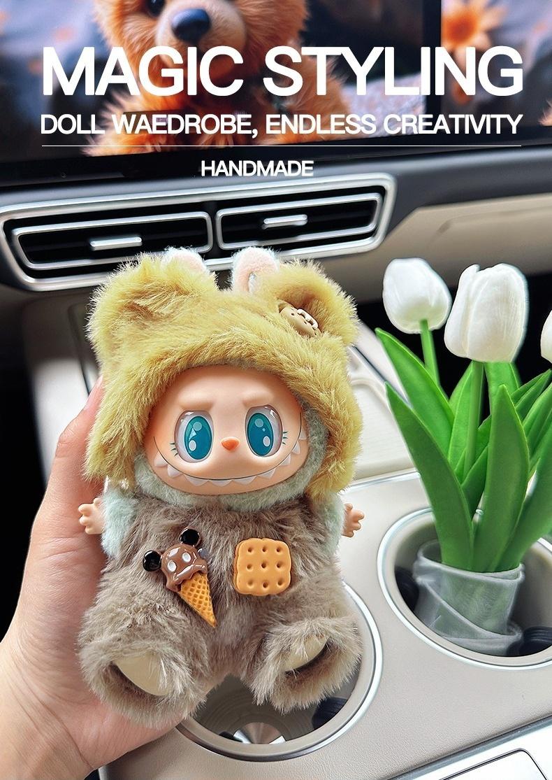 17cm Labubu Gen 1-2 Sandwich Bear Outfit Set | T-Shirt + Overalls | Vinyl/Plush-Compatible Clothes Only for Collectible Dolls