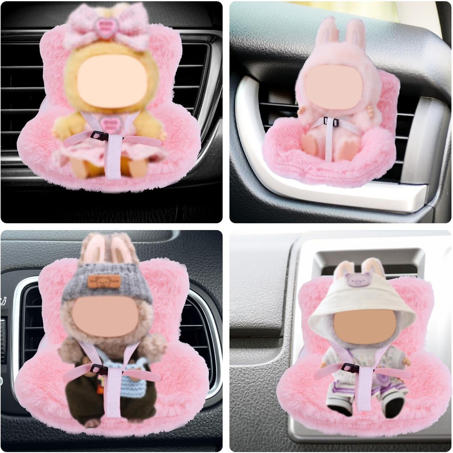 LABUBU CAR SEAT - Cute Soft Furry Cushion Pink Sofa with Car Air Vents Clip