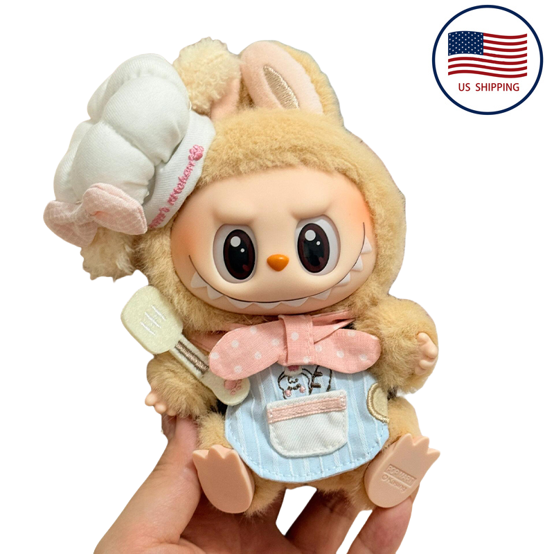 15cm (Seated)/17cm (Standing) Pop Mart Labubu Gen 1-2 Handmade Pink Chef Outfit Set | Apron + Chef Hat + Top | Vinyl/Plush-Compatible Clothes Only for Collectible Dolls & Keychain Charms