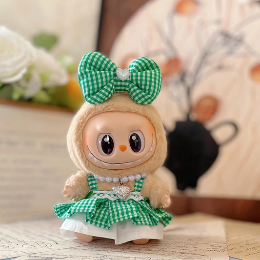 17cm Labubu Green Dress & Hair Accessories - Outfit for Vinyl Doll Clothes