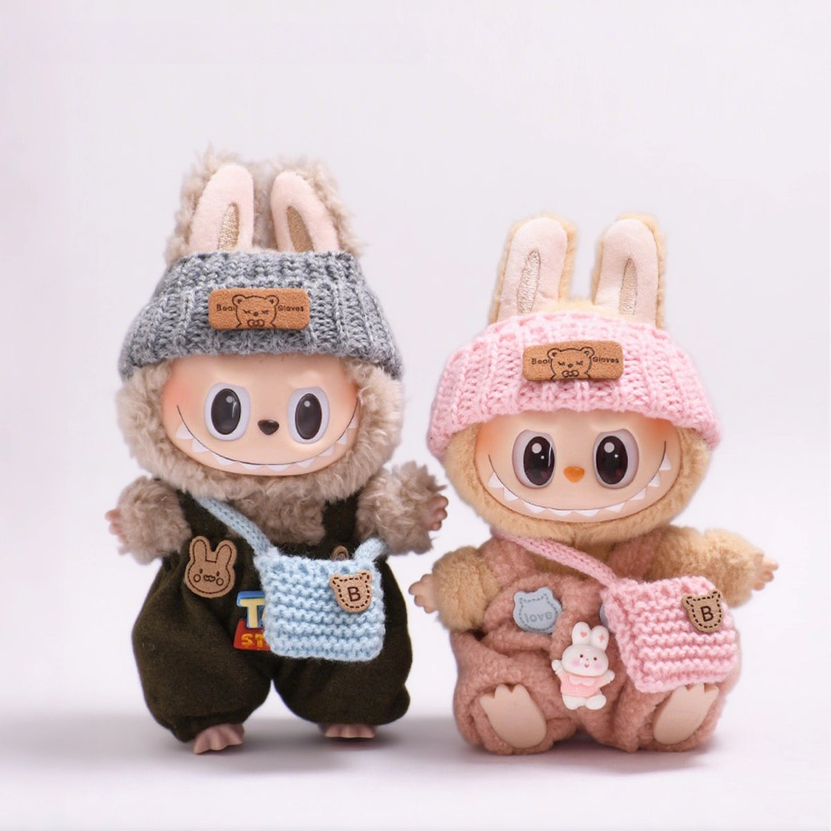 Labubu Outfit - Knit Sweater & Overalls Set w/ Hat & Bag for Keychain Doll