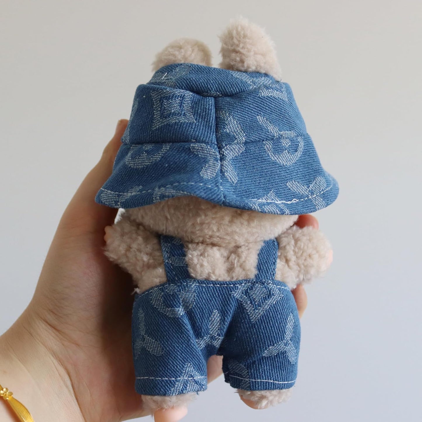 LABUBU CLOTHES, Denim Overalls & Hat Set - Blue Jeans Casual Outfit with Knit Print for 17cm Doll Clothes Compatible with LABUBU(No Doll)