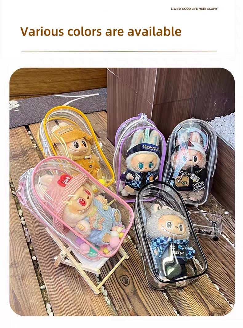 POP MART Labubu Sit-Sit Party Protective Case - Waterproof Clear Dustproof Cover + Carry Bag for 17cm Vinyl Figures