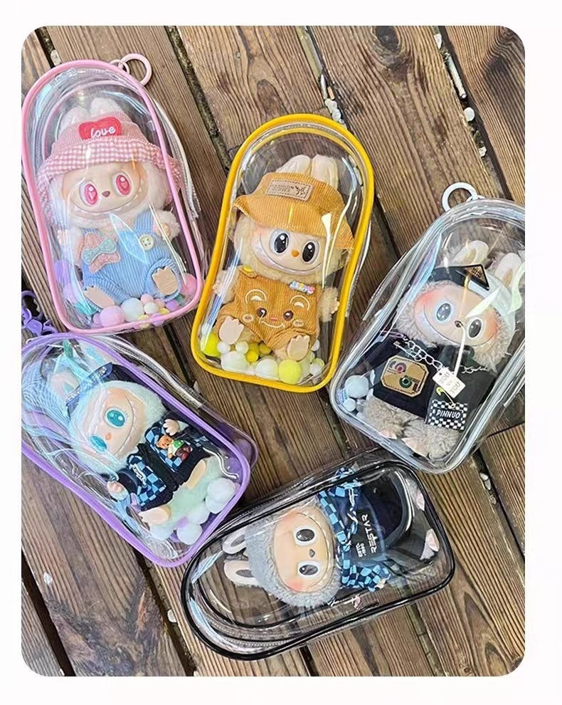 POP MART Labubu Sit-Sit Party Protective Case - Waterproof Clear Dustproof Cover + Carry Bag for 17cm Vinyl Figures