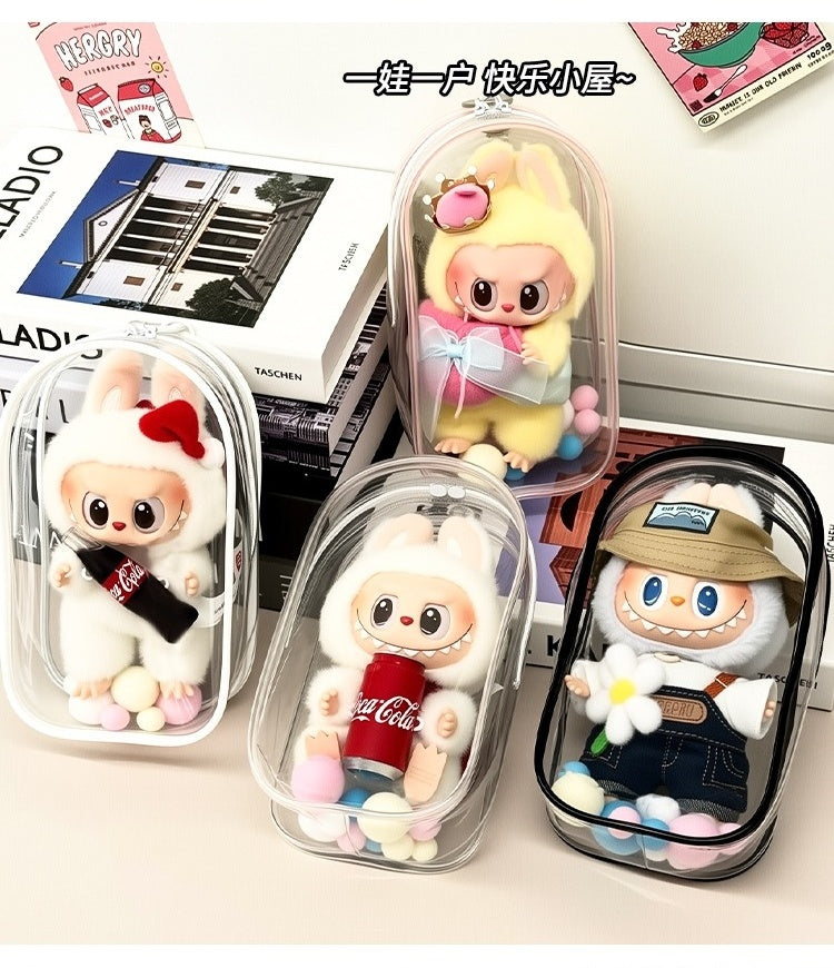 POP MART Labubu Sit-Sit Party Protective Case - Macaron Color Dust Cover + Carry Bag for 17cm Vinyl Figures