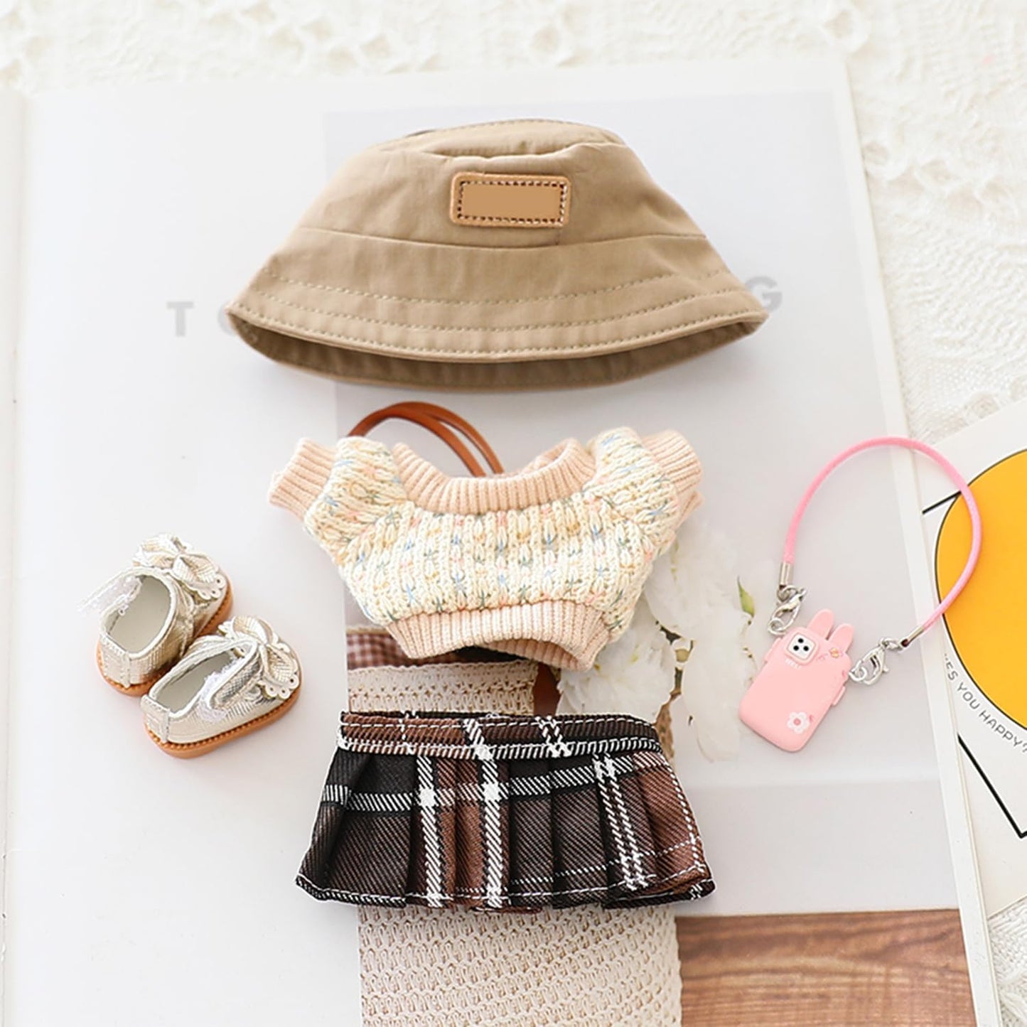 Clothes for 17cm LABUBU Sweater Clothes Accessories(No Doll Only Clothes), Stylish Outfit Suitable for 6.7inch (17cm) Doll Soft Clothing Replacement(WhiteA+hat+Dress)