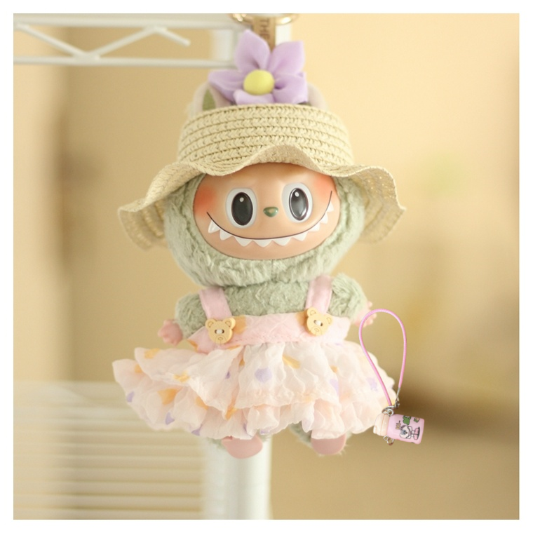 17cm Labubu Summer Straw Hat & Dress Outfit - Change Clothes with Accessories