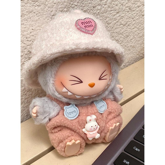 LABUBU Clothes 3-Piece Set (Pants, Hat, Thermos) - POP MART Doll Clothes Accessories - Cute Pink Rabbit Outfit for 17cm/6.7" LABUBU Plush Doll