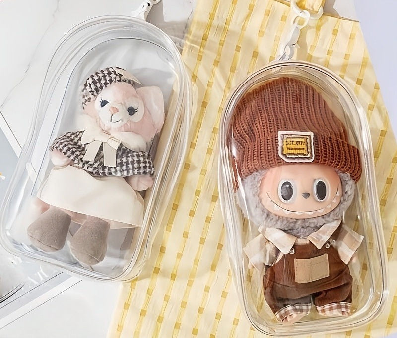 POP MART Labubu Sit-Sit Party Protective Case - Waterproof Clear Dustproof Cover + Carry Bag for 17cm Vinyl Figures