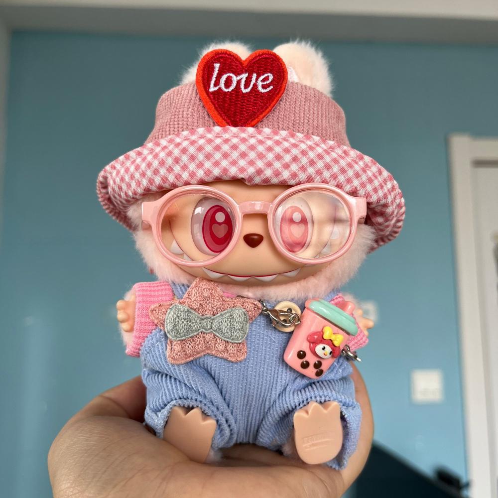 17cm Labubu Sitting Party Macaron Outfit Set with Bucket Hat & Overalls | Replacement Clothes for Plush/Vinyl Keychain Charms
