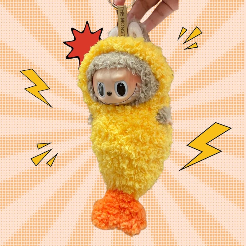 Handmade Fried Shrimp LABUBU Outfit – Fluffy Yellow Costume with Orange Tail | Unique Gift for Collectors | POP MART LABUBU Convenience Store Series