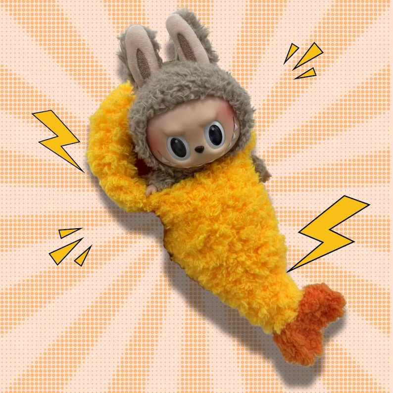 Handmade Fried Shrimp LABUBU Outfit – Fluffy Yellow Costume with Orange Tail | Unique Gift for Collectors | POP MART LABUBU Convenience Store Series