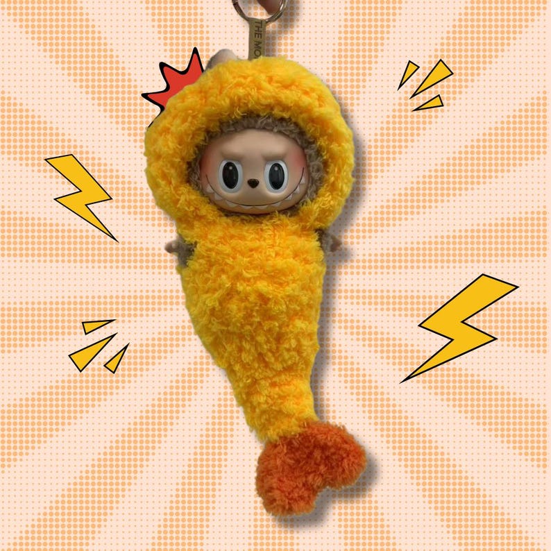 Handmade Fried Shrimp LABUBU Outfit – Fluffy Yellow Costume with Orange Tail | Unique Gift for Collectors | POP MART LABUBU Convenience Store Series