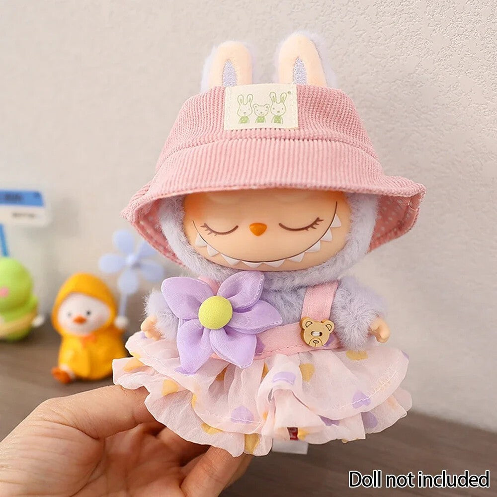 17cm Plush Doll LABUBU Clothes Outfits Wrinkled Skirt Flower Hairpin Set Fisherman Hat