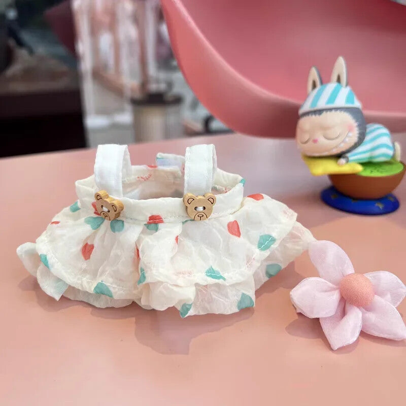 17cm Plush Doll LABUBU Clothes Outfits Wrinkled Skirt Flower Hairpin Set Fisherman Hat