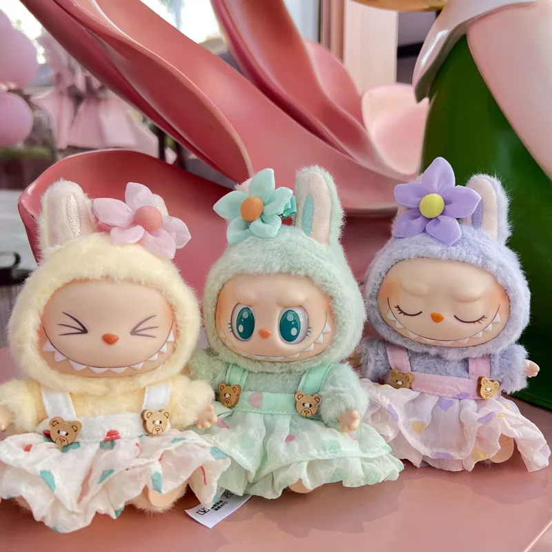 17cm Labubu Doll Outfit Set with Wrinkled Skirt Flower Hairpin Fisherman Hat