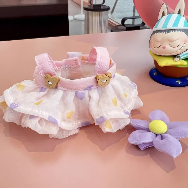 17cm Plush Doll LABUBU Clothes Outfits Wrinkled Skirt Flower Hairpin Set Fisherman Hat