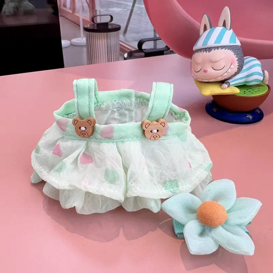 17cm Plush Doll LABUBU Clothes Outfits Wrinkled Skirt Flower Hairpin Set Fisherman Hat